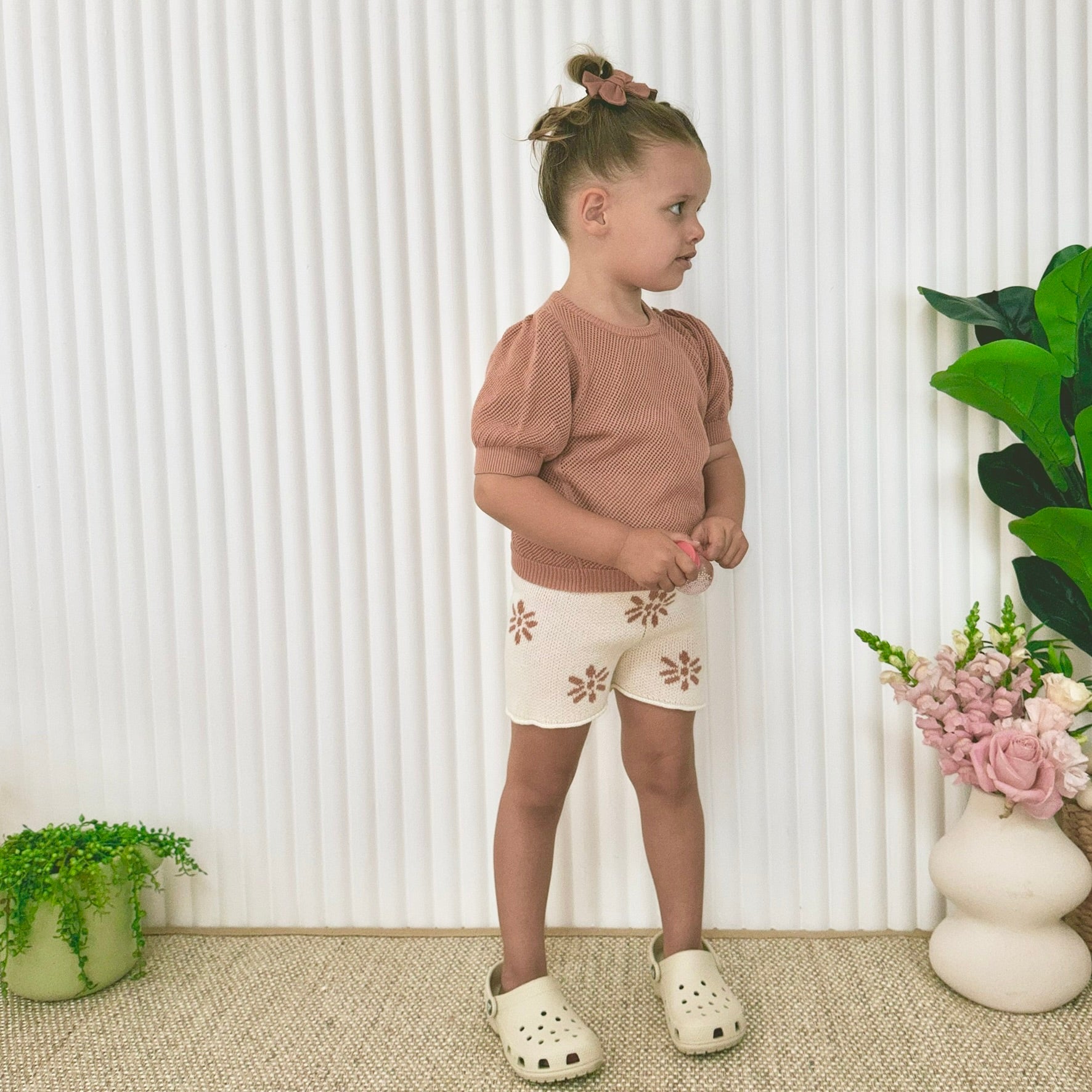 Girls Shorts and Tank Top Neutral Flower Set