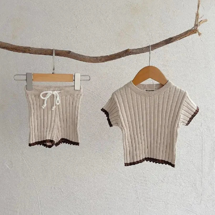 Unisex Knitted T-Shirt & Shorts Set in Neutral Tones